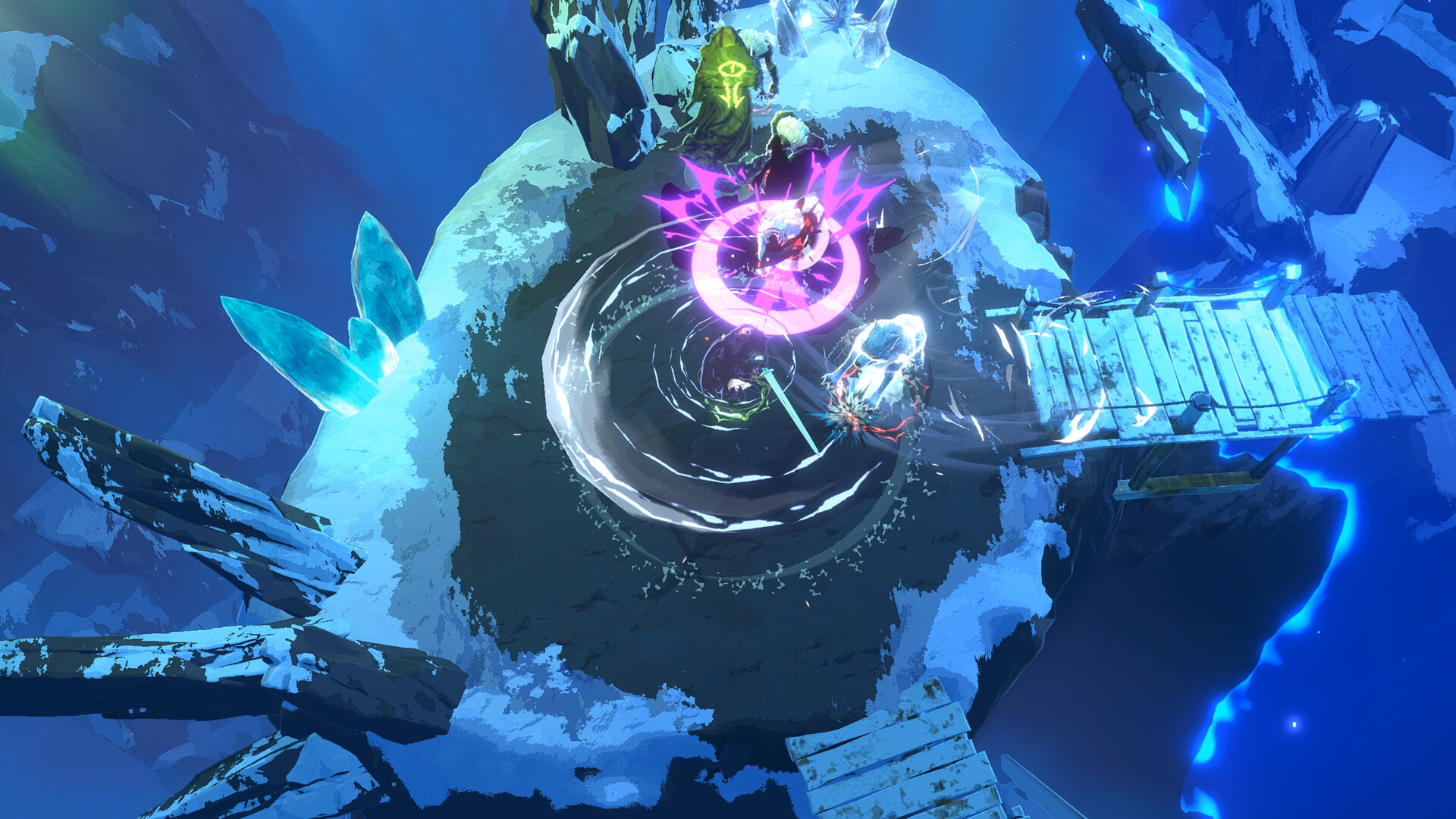 Four player co-op team executing synergized builds in Shape of Dreams